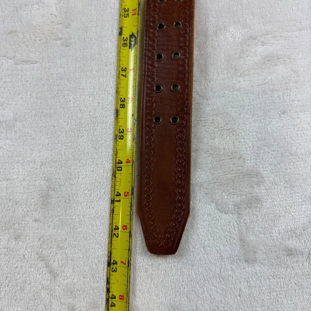 VTG Y2K American Eagle Belt Mens M Brown Leather Solid Brass Double Grommet Boho